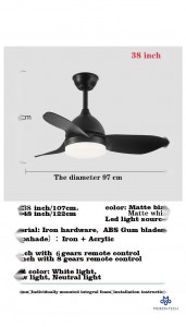 38 Inch DC Ceiling Fan, ABS Plastic, Remote Control, Black, White